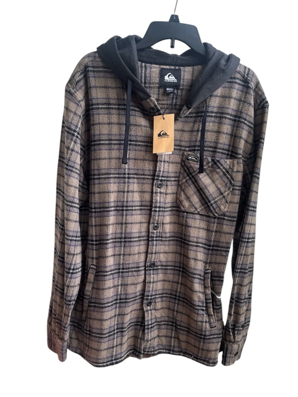 Quiksilver Men's Sandbar Hooded Flannel Shirt 100% Cotton Size L NEW